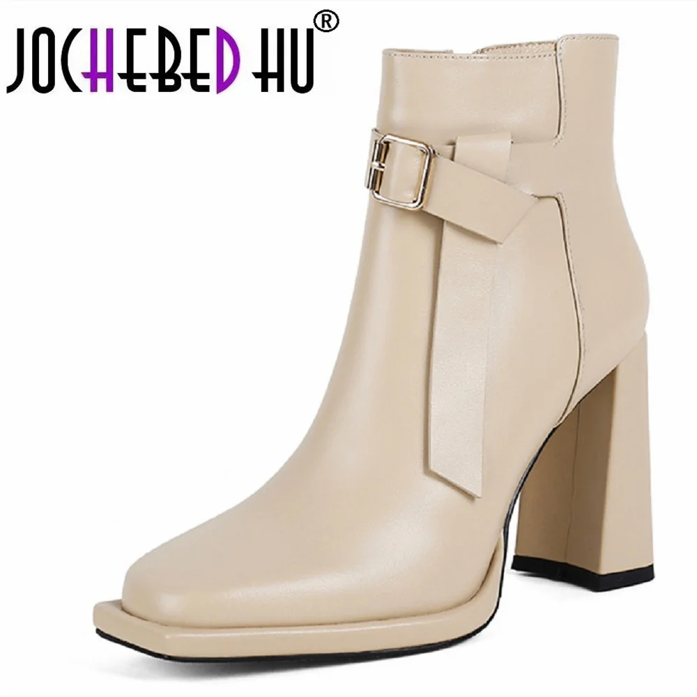 

【JOCHEBED HU】Women winter New Style Genuine Leather working short boots Square Toe Solid color Concise Comfortable Mature 33-40