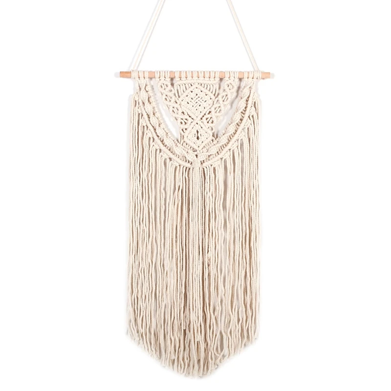 

Macrame Boho Wall Hanging Decor, Geometric Woven Tapestry Chic Cotton Handmade Bohemian Art With Long Tassel, Beige