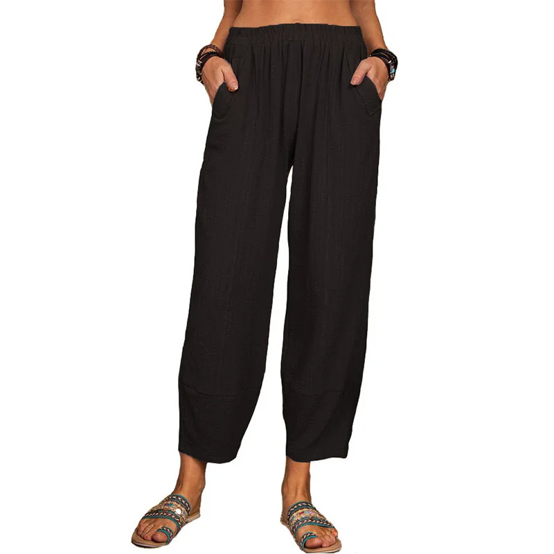 

Women's Cotton Linen Casual Pants Spring Summer High Waist Elastic Pocket Solid Harem Loose Trousers