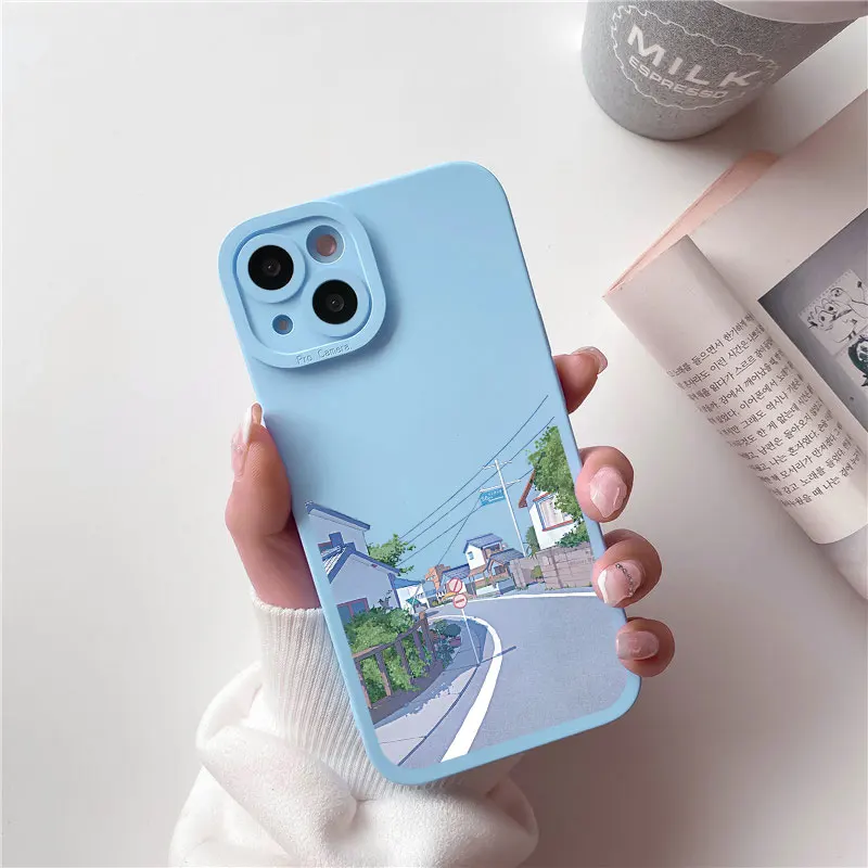 

Japan Anime Landscape Phone Case For iPhone 7 8 14 Plus SE2 11 13 12 14 Pro Max Street Phone Case For X XS XR Scenery Soft Cover