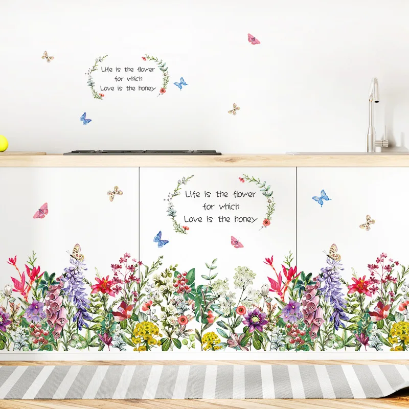 

Наклейки на стену с рисунком цветов для дома, плинтус, украшение, Виниловая наклейка на стену, самоклеящиеся водонепроницаемые обои с цветн...