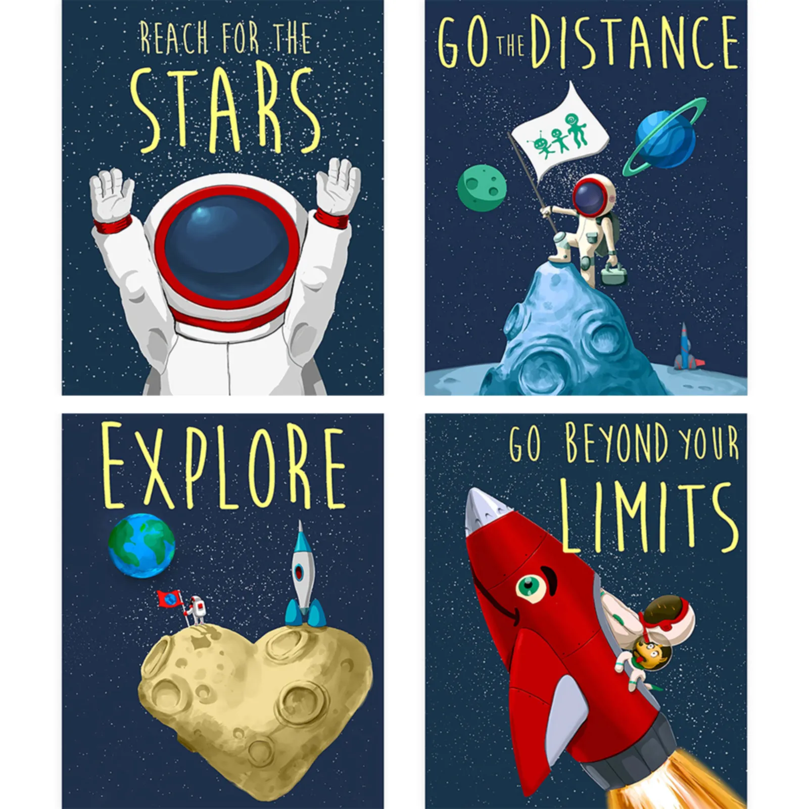 

Modern Cartoon Space Moon Astronauts Mars Canvas Hanging Picture Children's Room Background Wall Decor Nursery Mural Art Poster