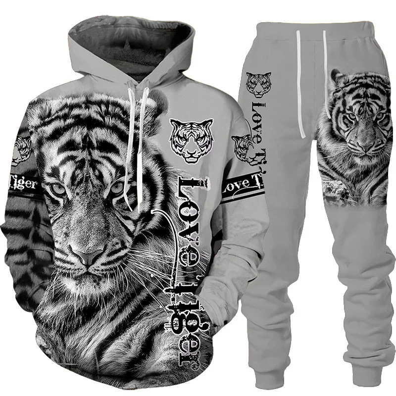

New Animal 3D Tiger Printed Hoodie+Pants Suit Cool Women 2 Pcs Sportwear Tracksuit Set Autumn&Winter Men's Clothing Couple Suit