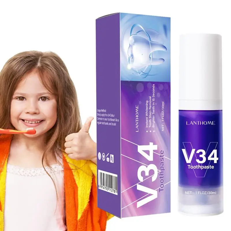 

Зубная паста V34 для отбеливания зубов, отбеливающая эмалированная зубная паста фиолетового цвета, пена для удаления пятен, 30 мл