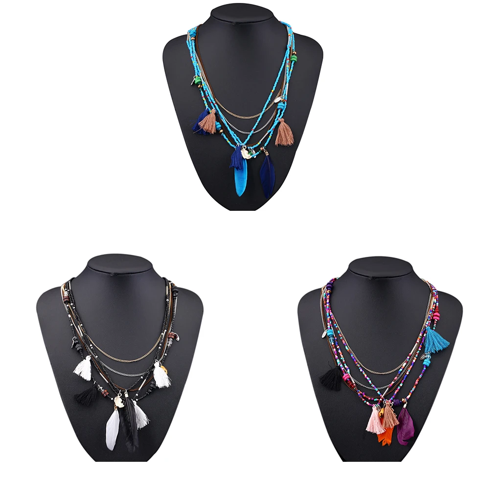 

Fashion Women's Long Necklace Beaded Feather Tassels Alloy Pendant Chain Multilayer For Party