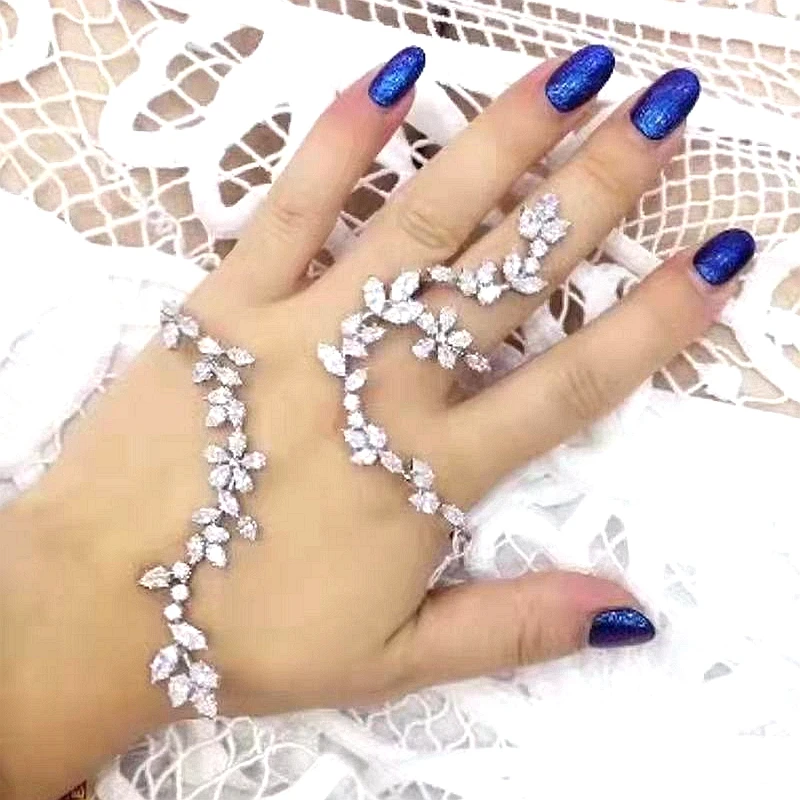 

New Luxury Zircon Large Bangle Ring One Piece 925 Real Silver Plated Hand Palm Bangle Jewelry New Trendy Handlets For Women