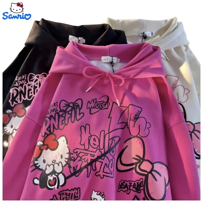 

Толстовка Sanrio из чистого хлопка с капюшоном Hello Kitty кавайный мультяшный аниме свитшот для женщин на осень и зиму, свободная и тонкая, средней длины