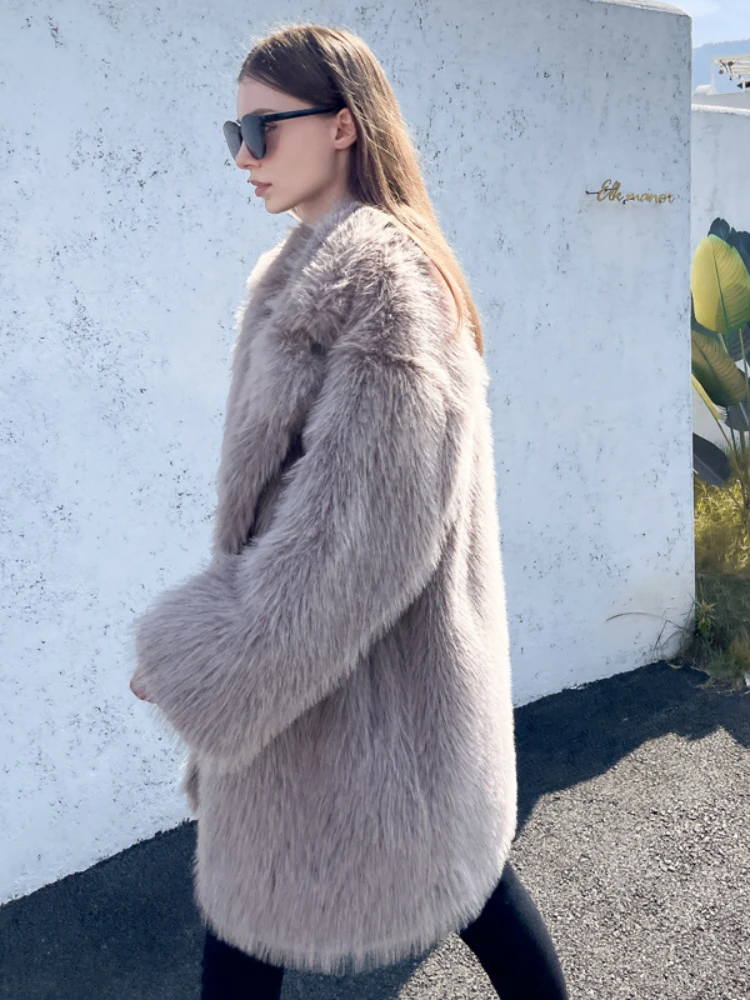 Fashion Suit Collar Loose Faux Fur Mid-length Coat Women 2022 Winter Elegant Furry Fur Outwear Casual High Street Teddy Coats