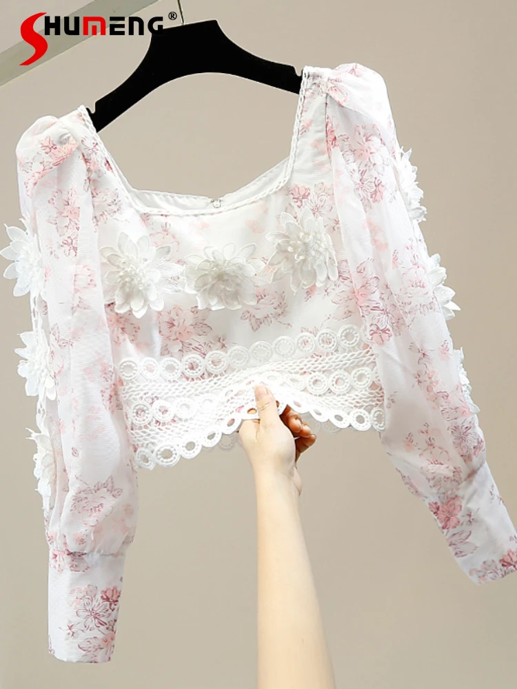 

Sweet Printed Lace Stitching Back Zipper Short Blouse Elegant Three-Dimensional Flowers Long Sleeve Shirt Female 2022 Tops Mujer
