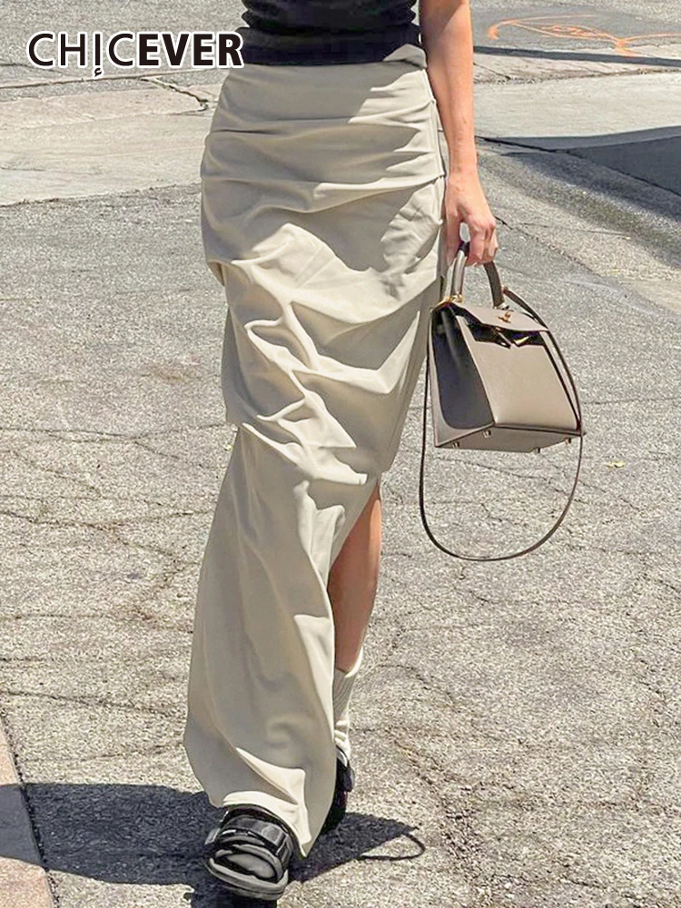 

CHICEVER Casual Loose Minimalist Long Skirt For Women High Waist Patchwork Folds Split Side Solid Skirts Female Fashion Clothing