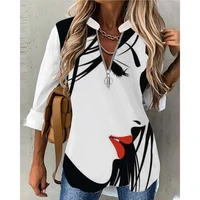 2022 women v neck abstract figure print zip front long sleeve top fashion personality streetwear casual t shirts summer blouse