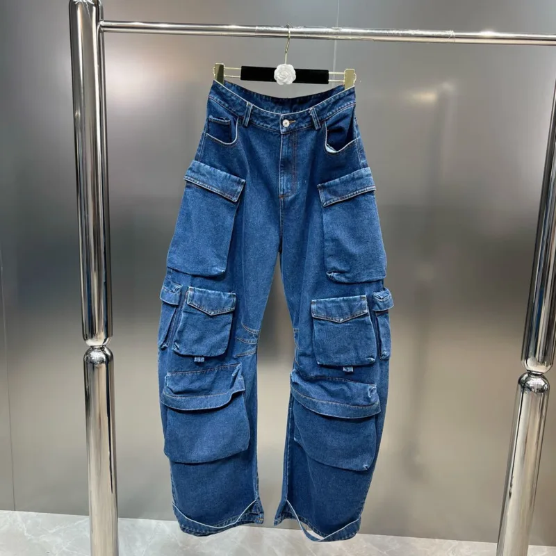 

【Absgd】 2023 Autumn Fashion High Quality Multiple Pockets Design Jean Women Loose High Waist Blue Denim Pants Female
