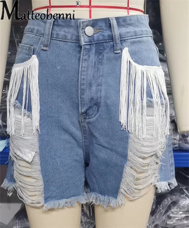 2023 Fashion Broken Holes Splicing Tassel Denim Shorts Women's Mid-waist Button Casual Straight Three-quarter Pants Female Jeans