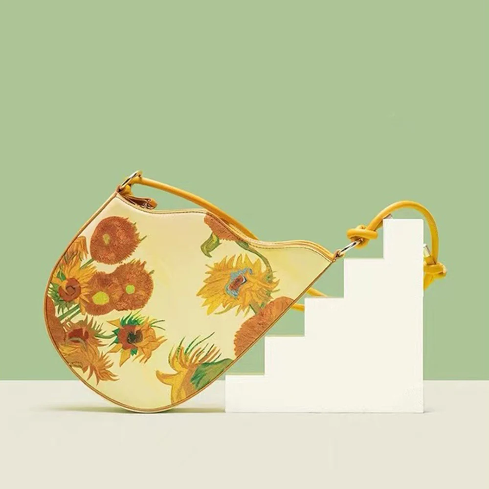 Sunflower Saddle Bag Oil Painting Women Shoulder Bag Knot Handle Handbags and Purses Mini Shopper Bags for Women 2023 Tote Chic