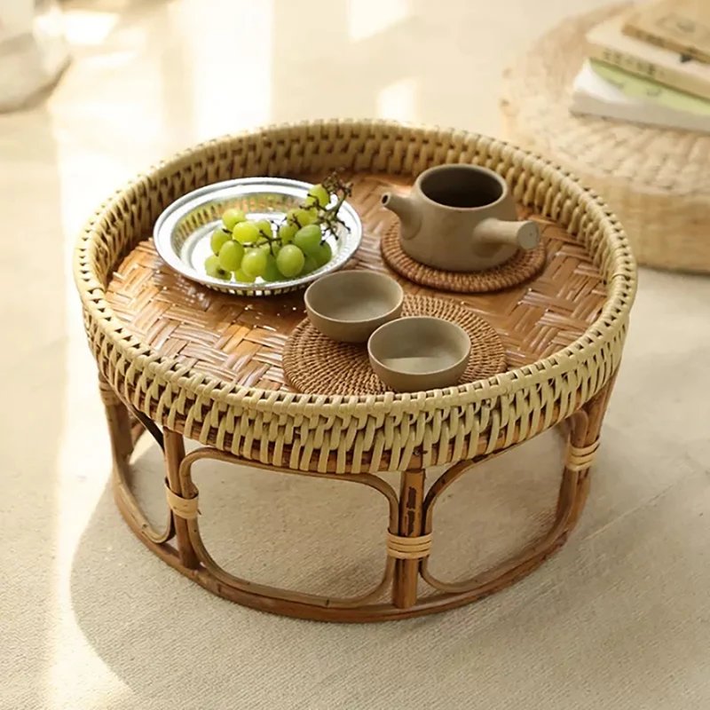 

Bamboo Rattan Woven Bread Storage Tray Circular Hand-Made Food Tray Portable Tatami Coffee Breakfast Storage Shelf