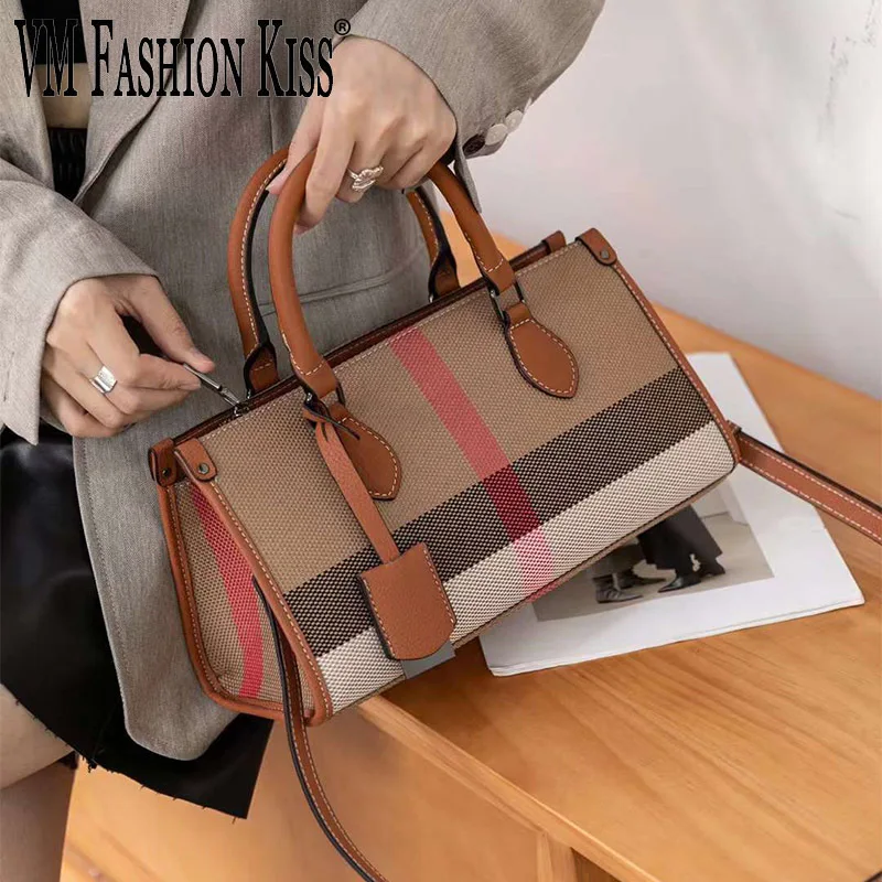 VM FASHION KISS Canvas + Leather Pillow Handbag Ladies Underarm Ladies Bag Stripe Messenger Bag Crossbody Bags For Women Luxury