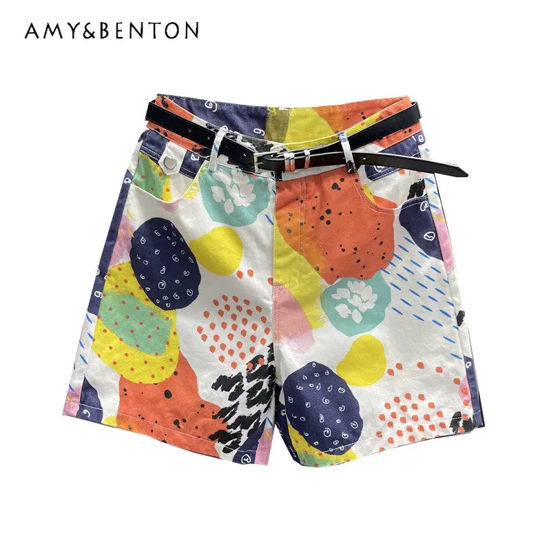 

Personalized Printed Original Design Denim Short Pants European Style 2023 Summer New Slimming High Waist A-line Wide Leg Shorts