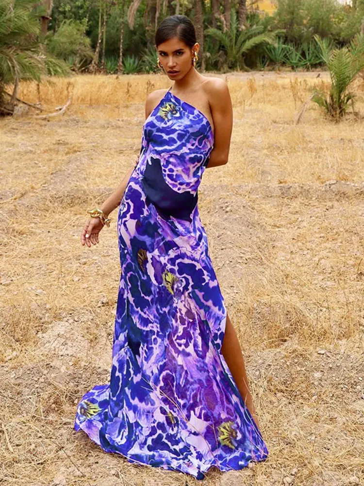 

2022 Blue Boho Asymmetrical Sundress Sexy One Shoulder Straped Bodycon Maxi Dress Women Summer Clothes Party Slip Dresses A1251