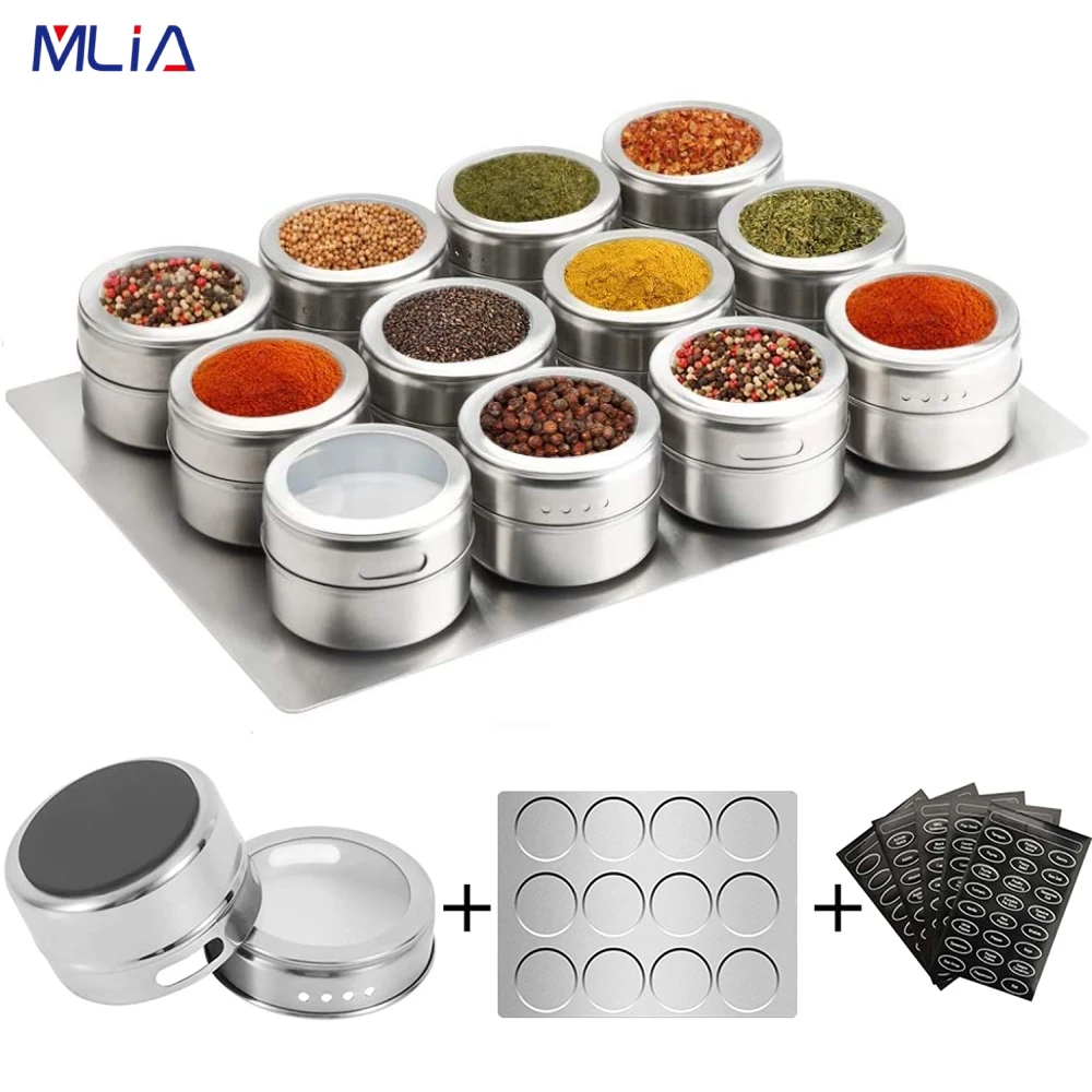 Barattoli di spezie magnetici MLIA con etichette per spezie lattine di spezie magnetiche in acciaio inossidabile con Base a parete magnetica su frigorifero