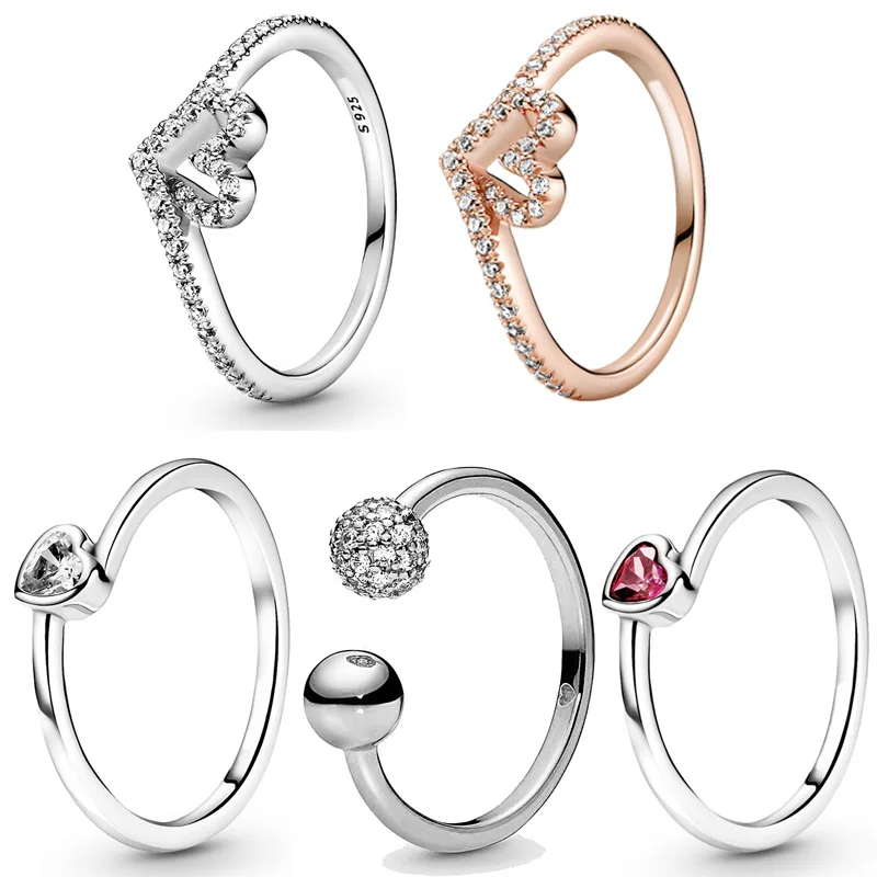 

Original Polished & Pave Bead Open Wishbone Heart Tilted Solitaire Ring Fit 925 Sterling Silver Europe DIY Jewelry