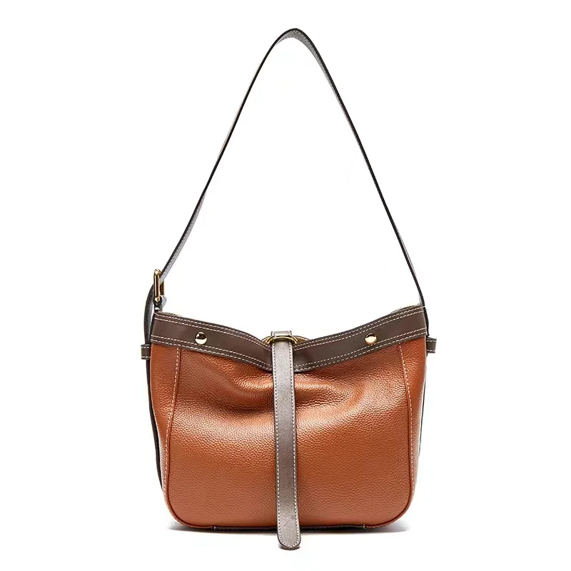 

2022 New Leather Women's Bag Bucket Bag Color Matching Underarm Bag Soft First Layer Cowhide Single Shoulder Messenger Bag