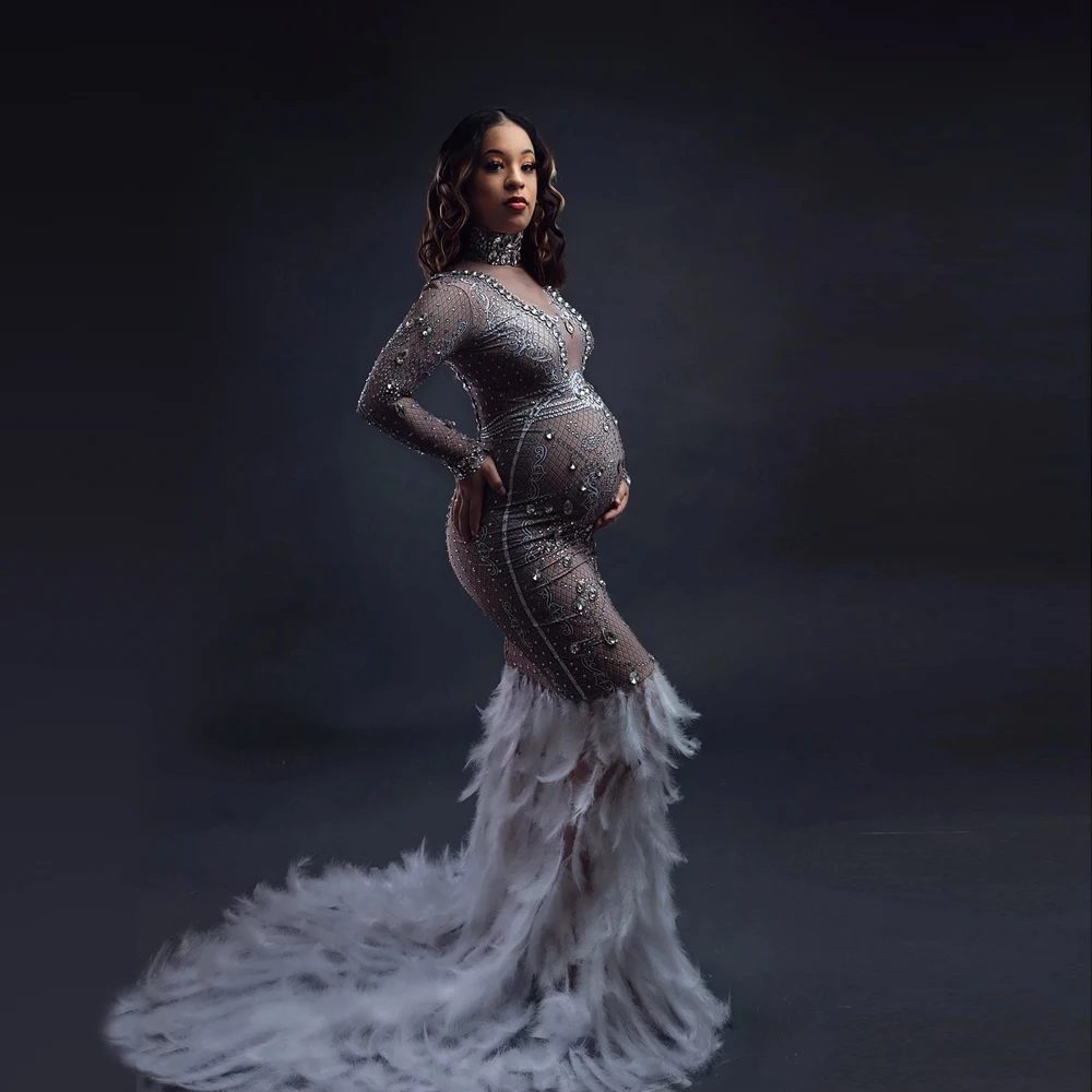 Maternity Photography Sparkly Silver Crystal Rhinestones White Feather Tail Dress High elasticity Bodysuit For Photo Shoot