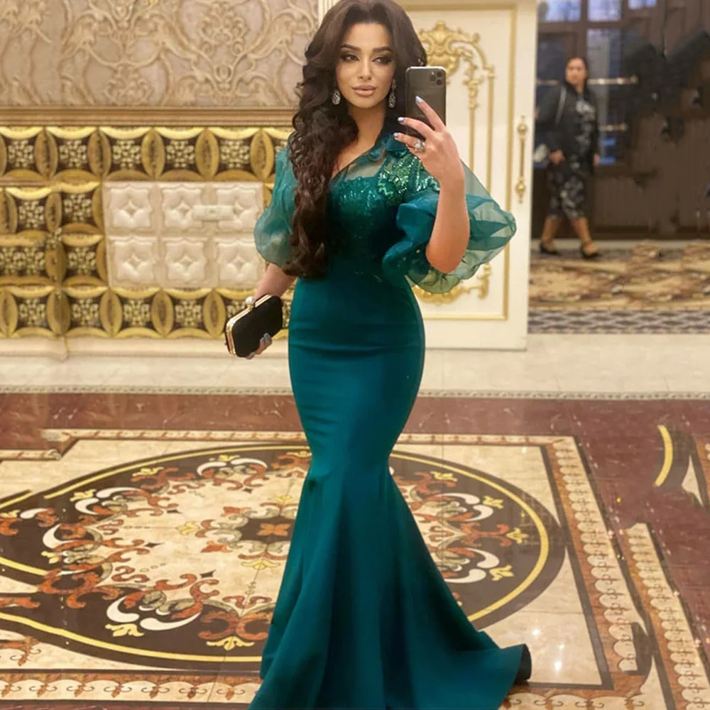 

Katerina Green Arabic Evening Dress Sequined Satin Mermaid Prom Gown Short Puff Sleeves Mother of Bride Long Formal Party Dress