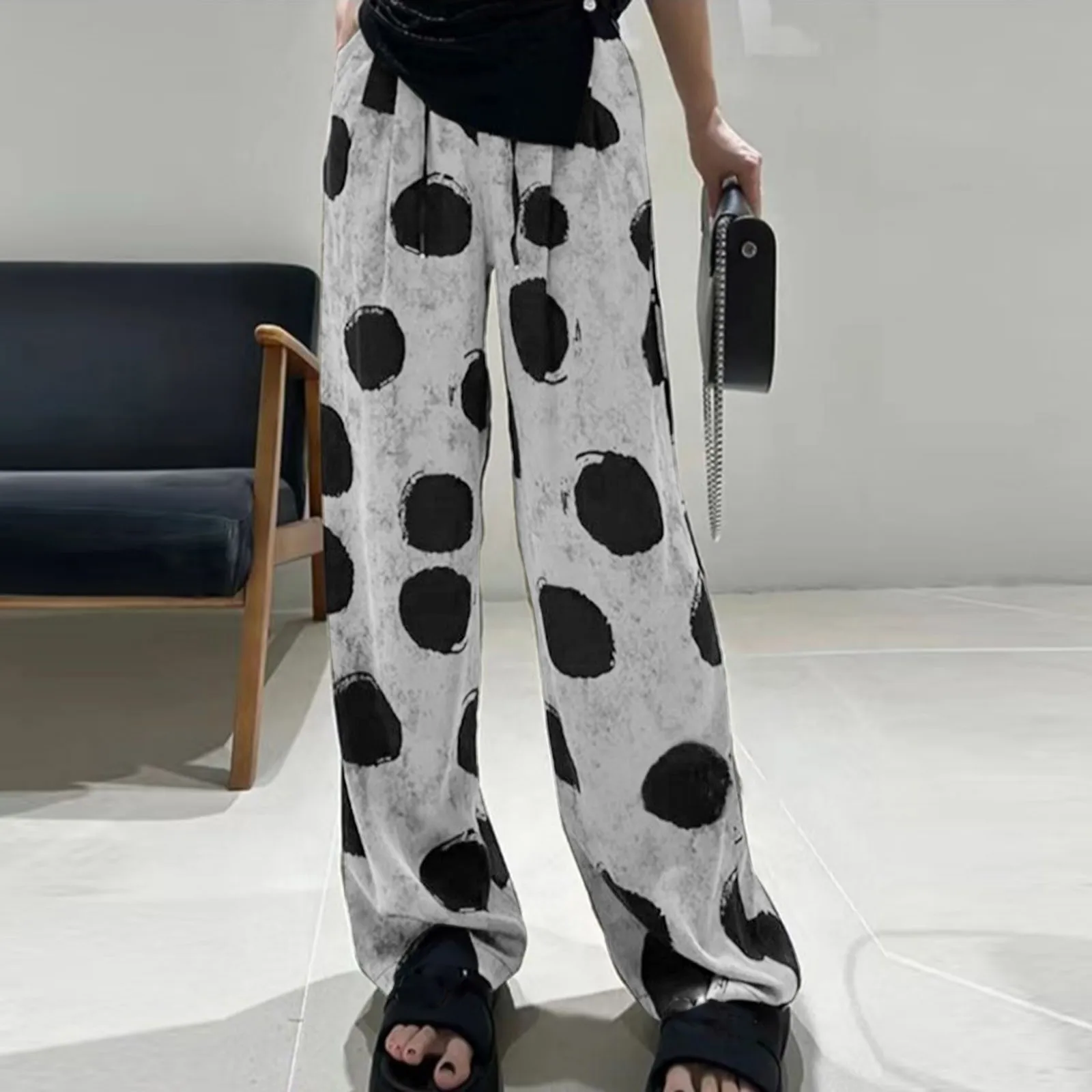 

Women's Fashion Polka Dot Printed Draped Trousers Soft Comfortable Wide Leg Long Pants Casual Loose High Wasit Straight Pants