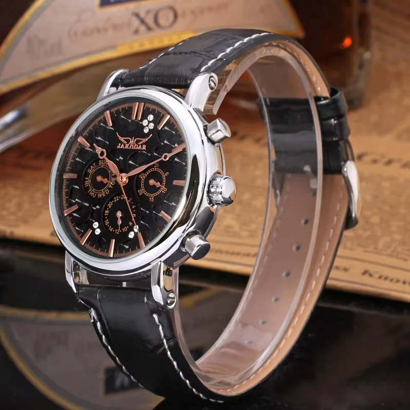 Фото JARAGAR Мужские и женские часы Механические часы с шкалой Peg Круглые часы Day and Date Черные механические часы №4