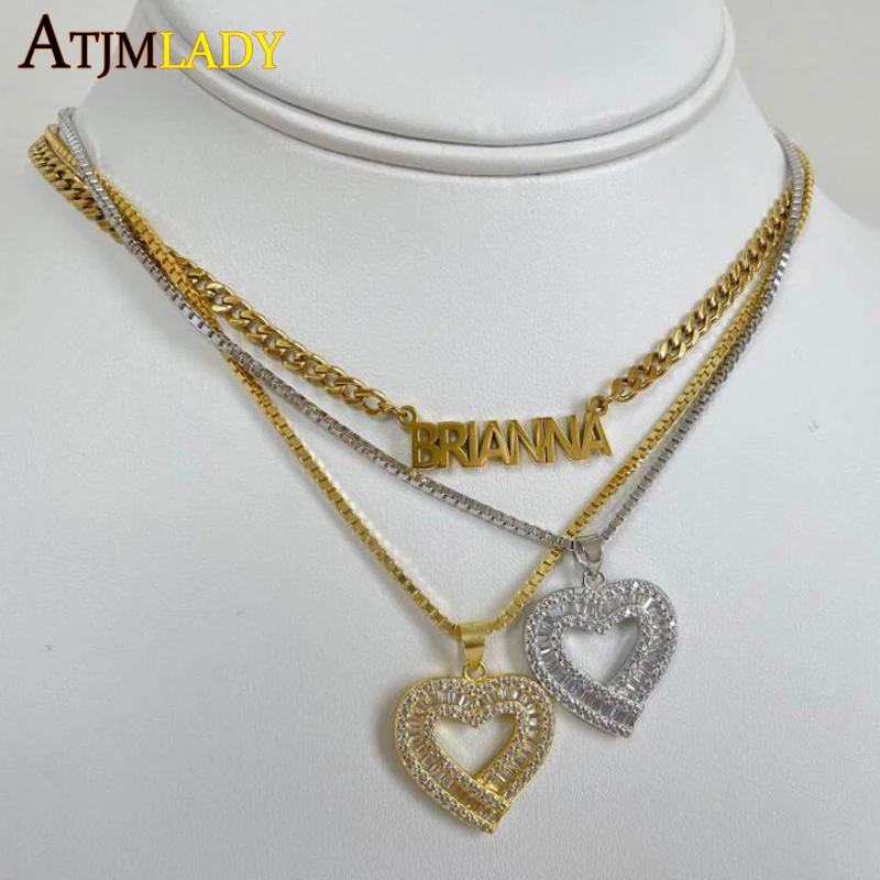 Mother's Day Gift 41+10CM Box Chain Micro Pave Baguette CZ Heart Shaped Pendant Iced Out Bling Jewelry Necklace For Women