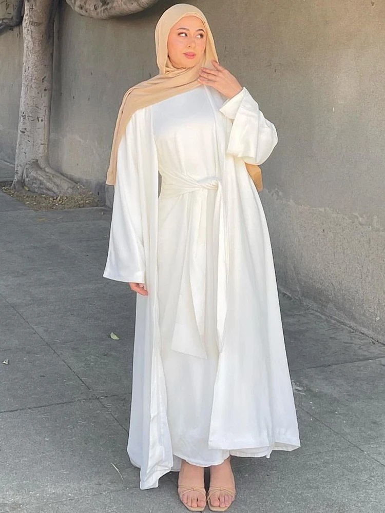 Muslim 2 Piece Abaya Set Wrap Front Long Dress+Kimono Cardigan Islamic Clothing Dubai Turkish Women Modest Matching Outfits