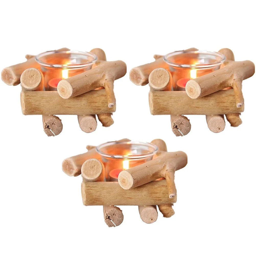 

3pcs Portable Durable Floodwood Tabletop Holder Decorative Holder Candlestick Holder