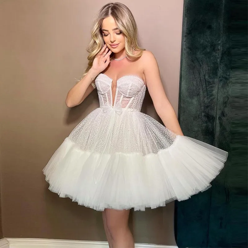 

Short Tulle Wedding Dress Pleats Puffy A-Line Mini Beach Bridal Gowns Sweetheart Neck Sleeveless Corset Robe De Marriage 2023