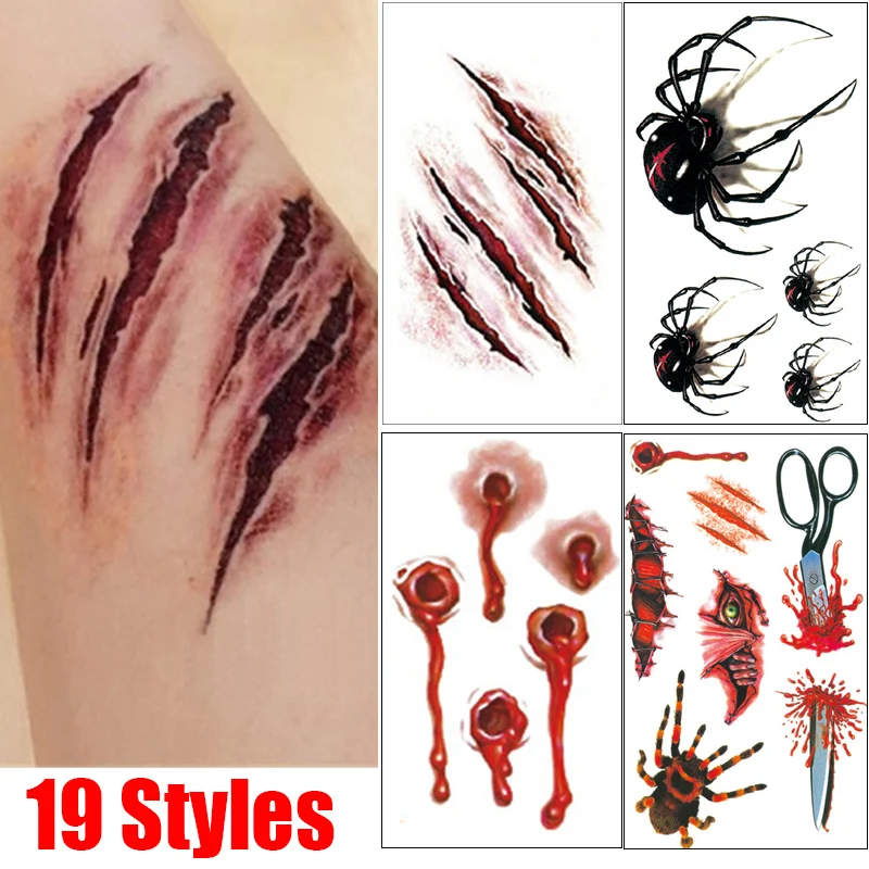

Halloween Temporary Tattoos Stickers Zombie Scar Tattoos with Bloody Makeup Wounds Decoration Wound Scary Blood Injury Sticker