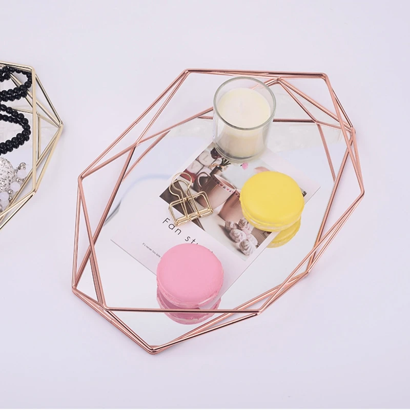 

Metal Mirrored Ornate Decorative Tray Luxury Three-Dimensional Storage Tray Hexagonal Desktop Nordic Simple Style Cosmetic Box