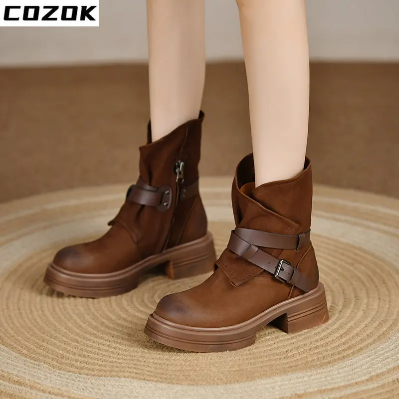 Hot Genuine Women Boots Winter Brogues Retro Round Toe Thick Heel Ankle Boots Fashion Flock Women Shoes Chelsea Boots Faux Suede