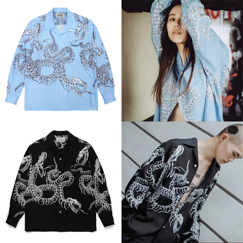 

Новейшая рубашка WACKO MARIA с длинным спиральным узором в виде змеи для мужчин и женщин, высококачественная повседневная гавайская рубашка в яп...