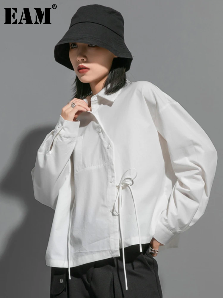 

[EAM] Women White Bandage Big Size Long Blouse New Lapel Long Sleeve Loose Fit Shirt Fashion Tide Spring Autumn 2022 1DF1659