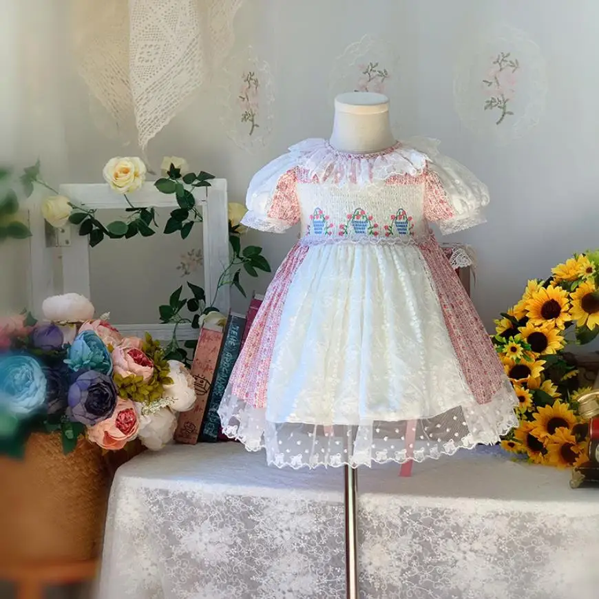 

Children New Spanish Lace Bow Print Design Sweet Cute Ball Gown Birthday Party Easter Lolita Dresses For Girls L1627