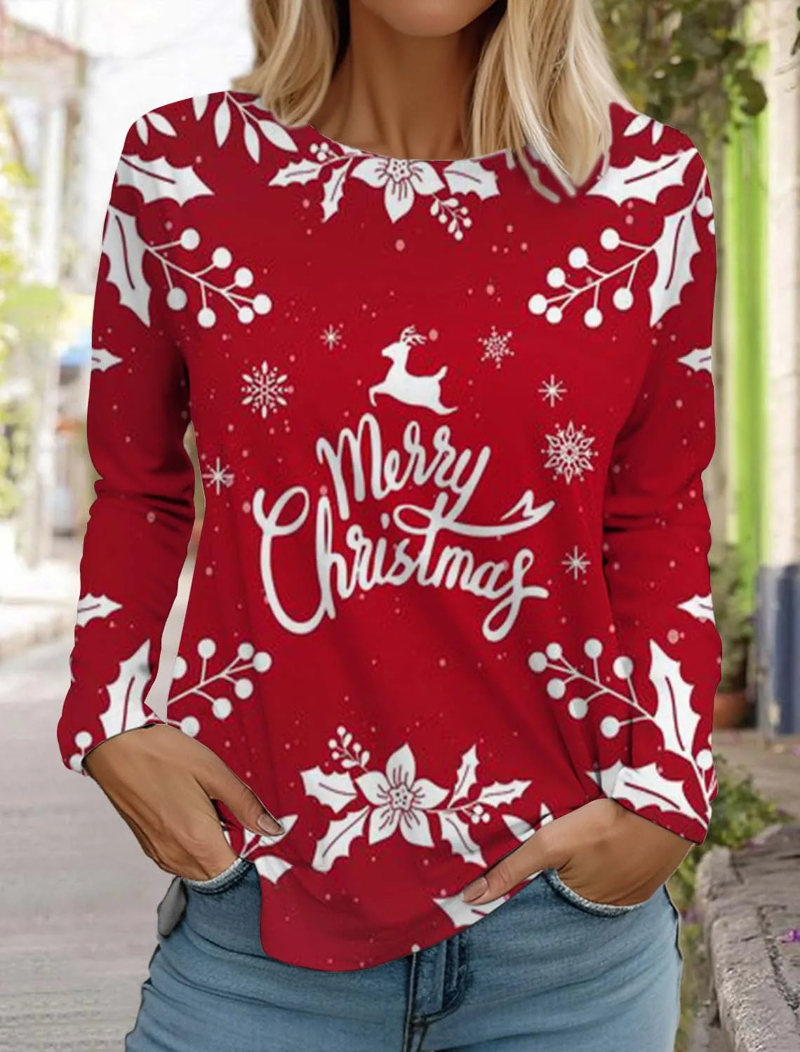 Christmas Snowflake Women's Long Sleeves T-Shirt Round Neck Autumn Santa Claus Elk Clothing Holiday Fashion Party Tops