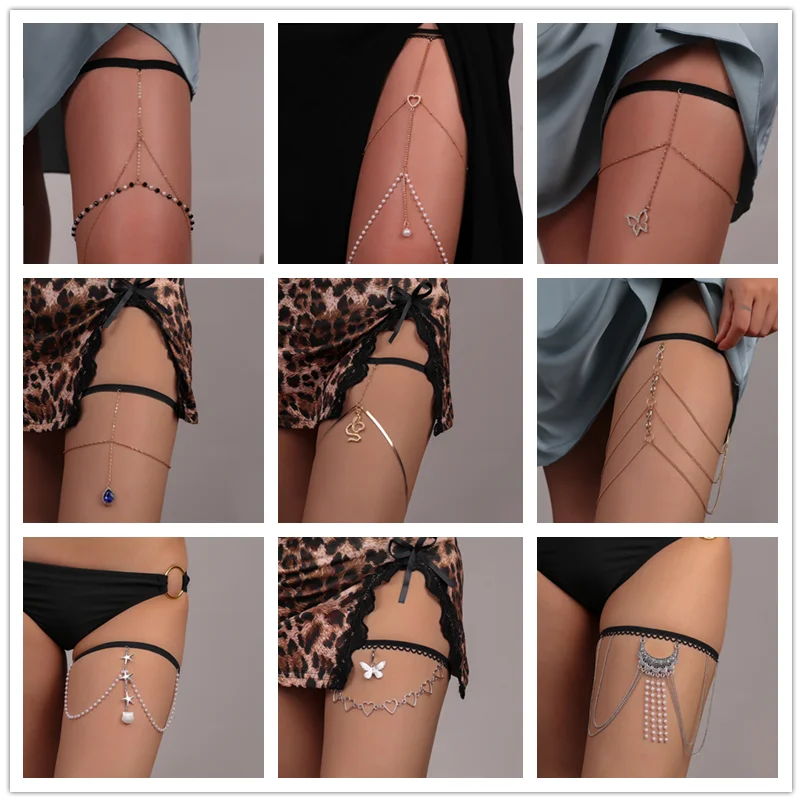 Bohemian Rhinestones Pearl Leg Chain for Women Sexy Long Tassel Butterfly Snake Pendant Leg Thigh Harness Nightclub Body Jewelry