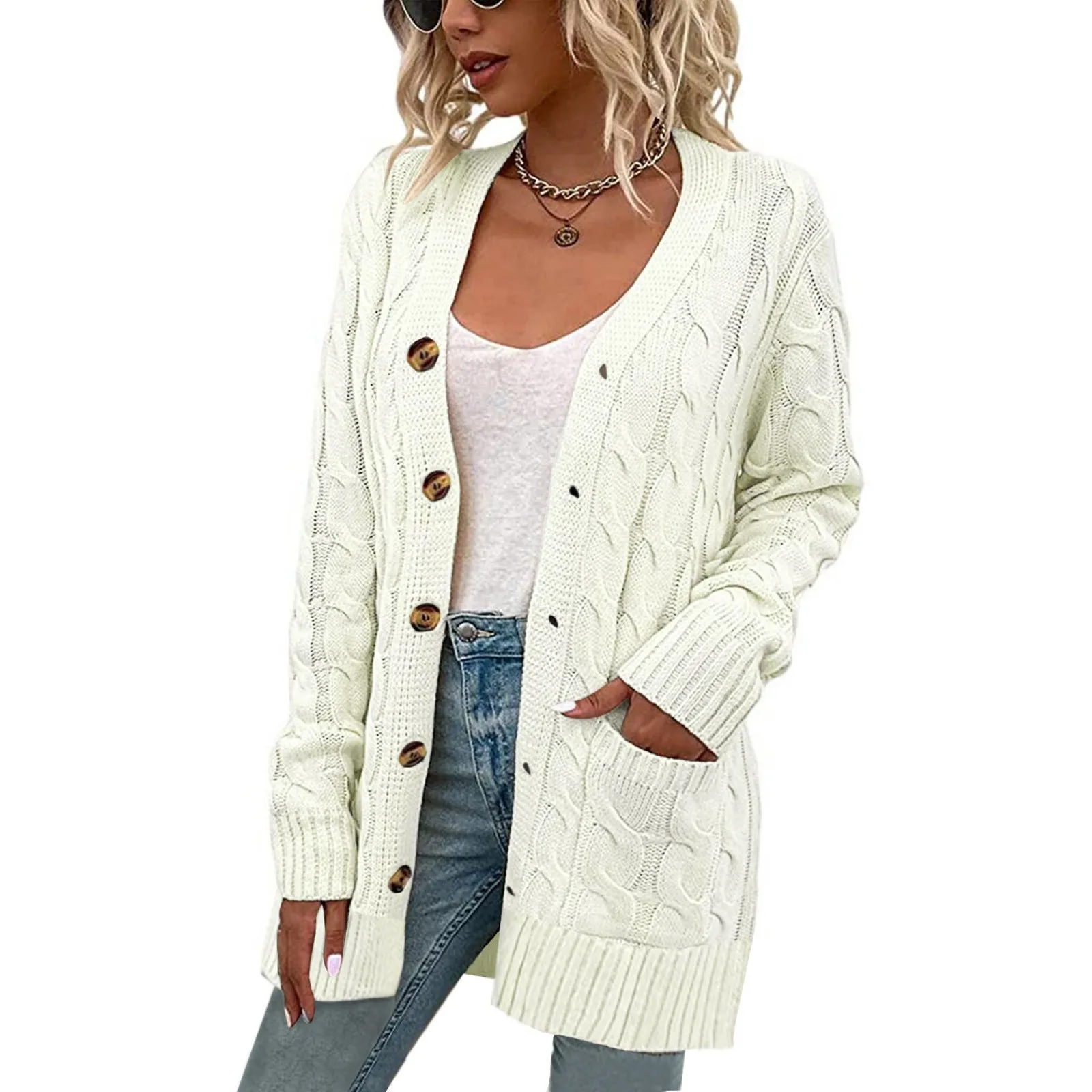 

Ladies Sweatercoat Single-breasted Long Sleeve Casual Solid Color Knitted Holiday Winter Loose Cardigan Sweater pull hiver 2022