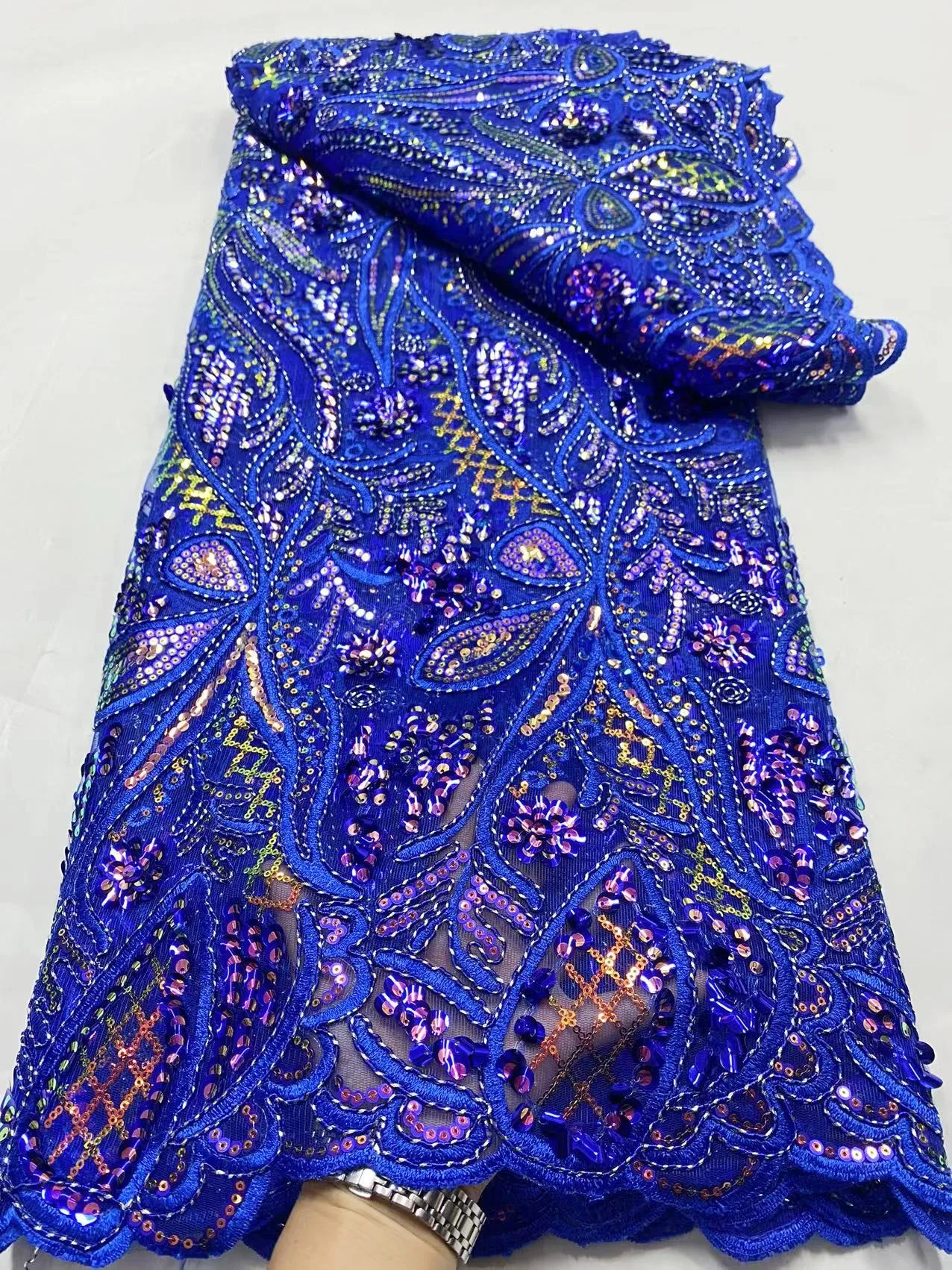 

Royal Blue Lace Fabric Colorful Sequins Design French Nigerian Organza Mesh Fabric for Wedding Dress Sewing 5Yards Africa Style
