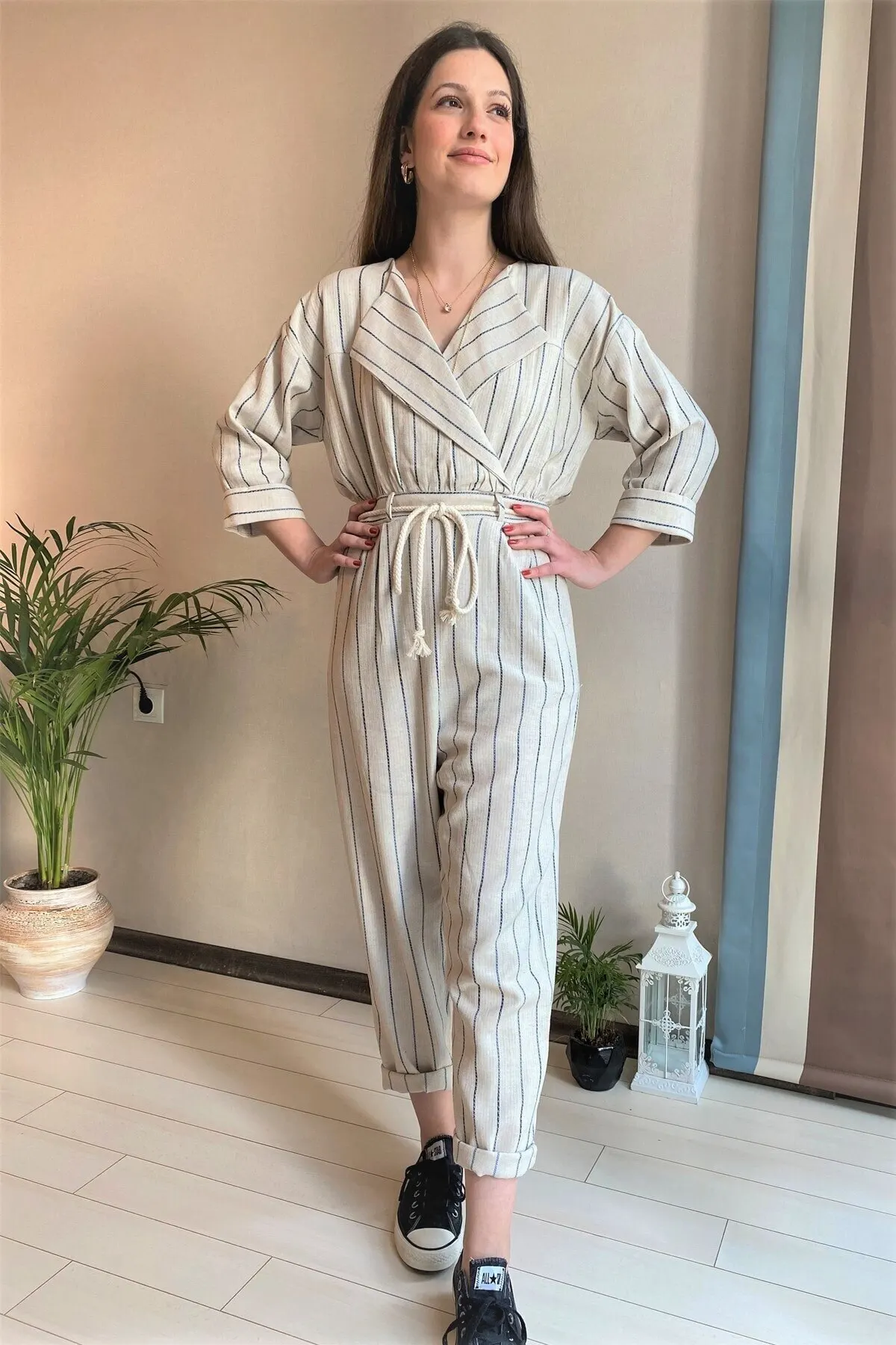 

Women's Overalls Blue Striped Linen Jumpsuit Hot Style Quality Fabric Sleeveless Baggy Trousers Casual Jumpsuit