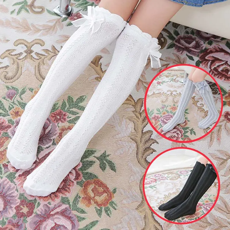 Купи 1 Pair Children's Socks Solid Bowknot Cotton Princess Long Summer Sock for Dress Dance Ballet Girls Knee High Socks за 127 рублей в магазине AliExpress