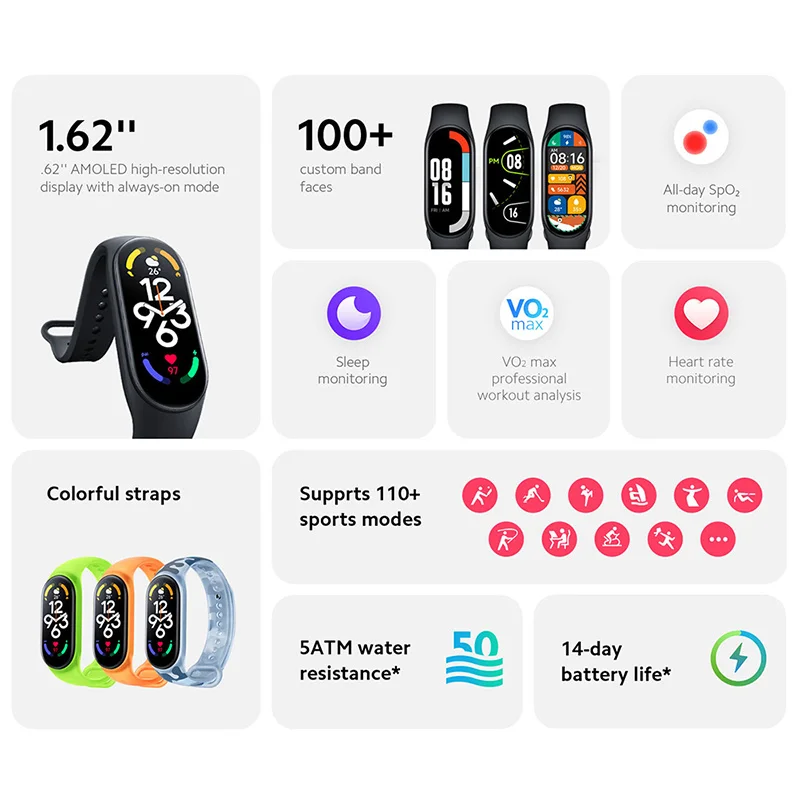 Браслет Xiaomi Mi band 7 с AMOLED-дисплеем 5 2 дюйма Bluetooth 1 62 VO2 max |
