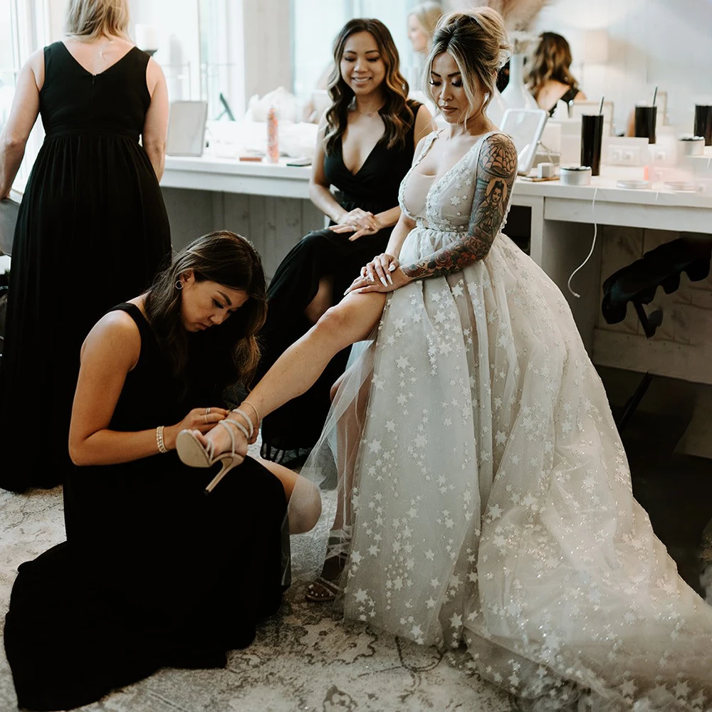 

Twinkle Stars High Split Celestial Wedding Photoshoot Dress Custom Made V Neck Backless Armpit Cutouts Bling Starry Bridal Gowns