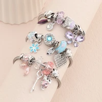 women girl alloy butterfly owl key crystal beads mixed bracelet adjustable rhinestone heart tag open cuff bangle diy jewelry