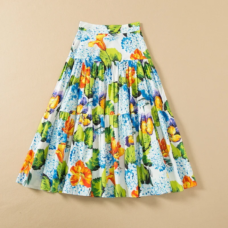 European and American Women's Wear Spring 2022 New Hydrangea Print Fashion Pleated Cotton Skirt Pleated Skirt