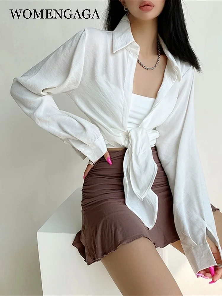 

WOMENGAGA Fashion Lace Up Bow Knotted White Long Sleeve Shirt Women's Loose Casual Short Top Blouse Sweet Girl Female Autumn G8Q